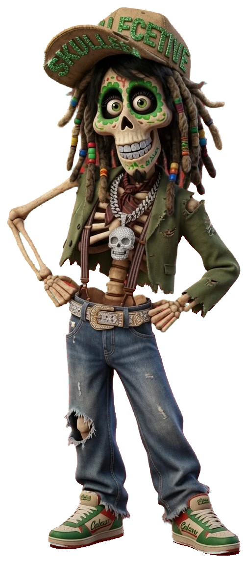 Irie Bones, the Rasta character of the Skullective collective, in a SKULLECTIVE hat